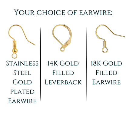 Three types of gold earwires with labels on a white background