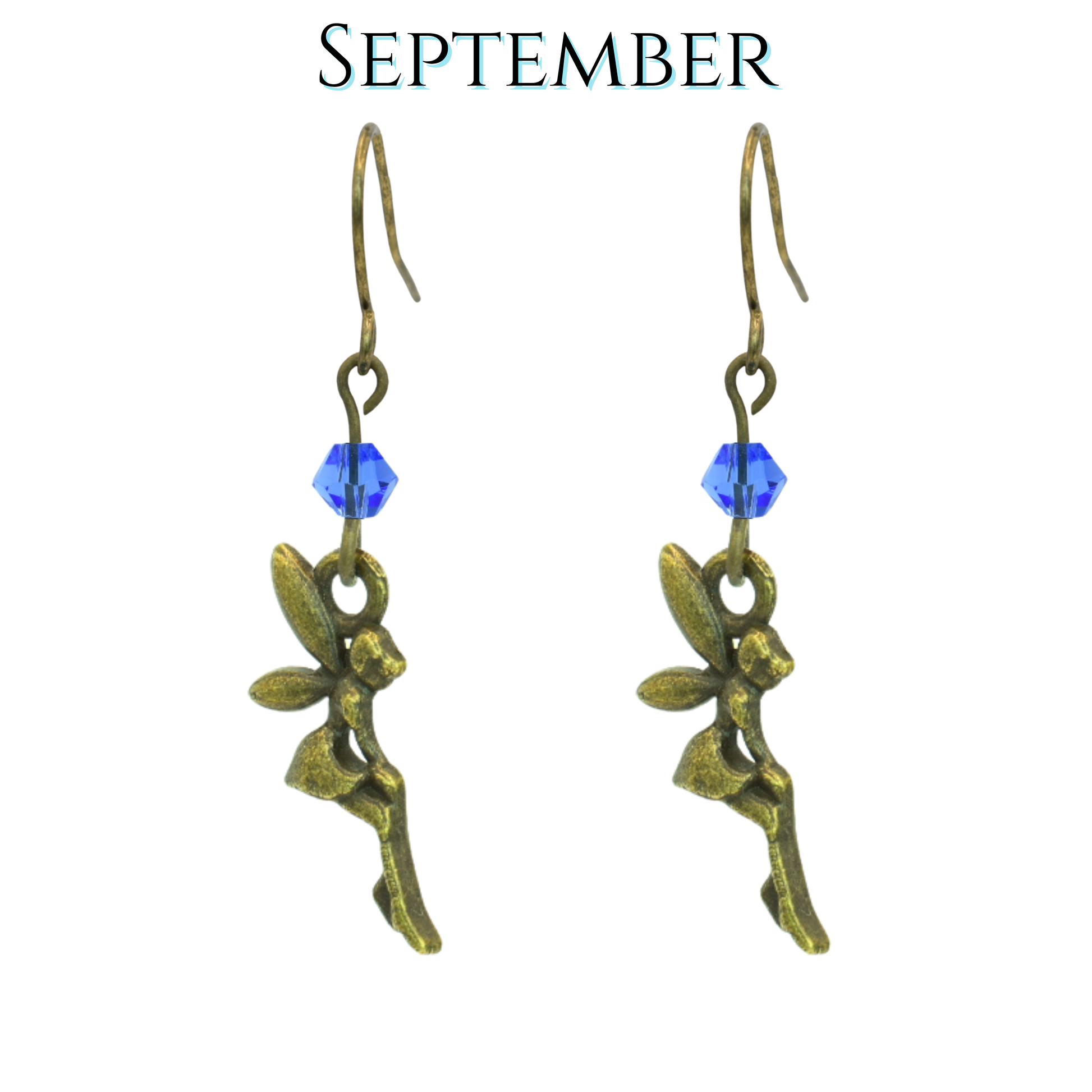 Bronze fairy earrings with sapphire blue beads on a white background, labeled 'September'.