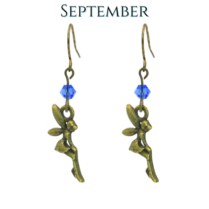 Bronze fairy earrings with sapphire blue beads on a white background, labeled 'September'.