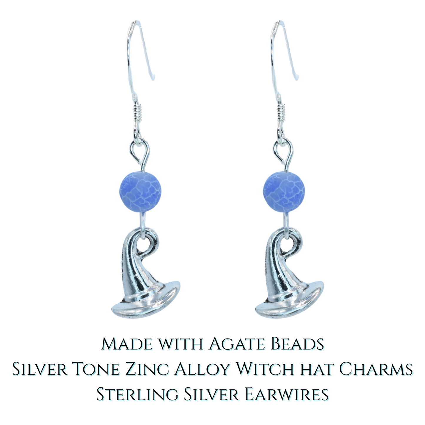 Silver tone witch hat earrings with agate beads on a white background
