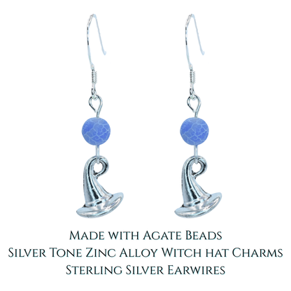 Silver tone witch hat earrings with agate beads on a white background