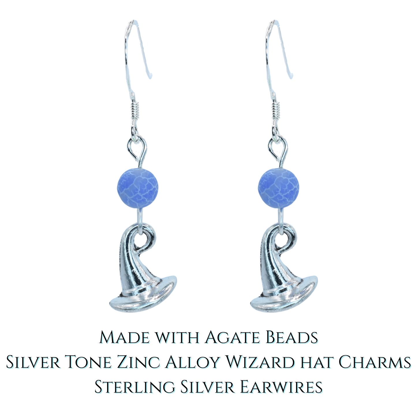 Pair of earrings with agate beads and silver tone wizard hat charms on a white background