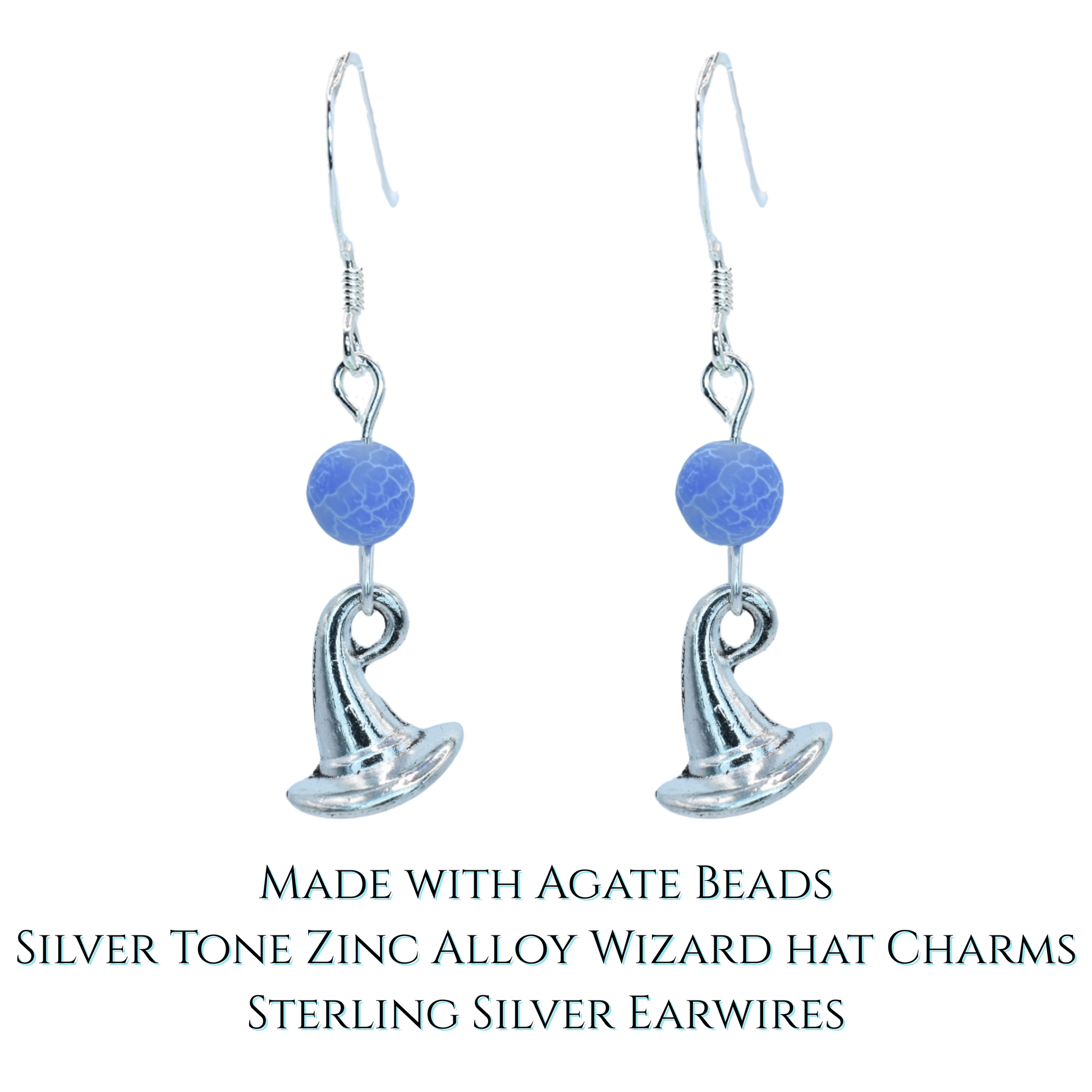 Pair of earrings with agate beads and silver tone wizard hat charms on a white background
