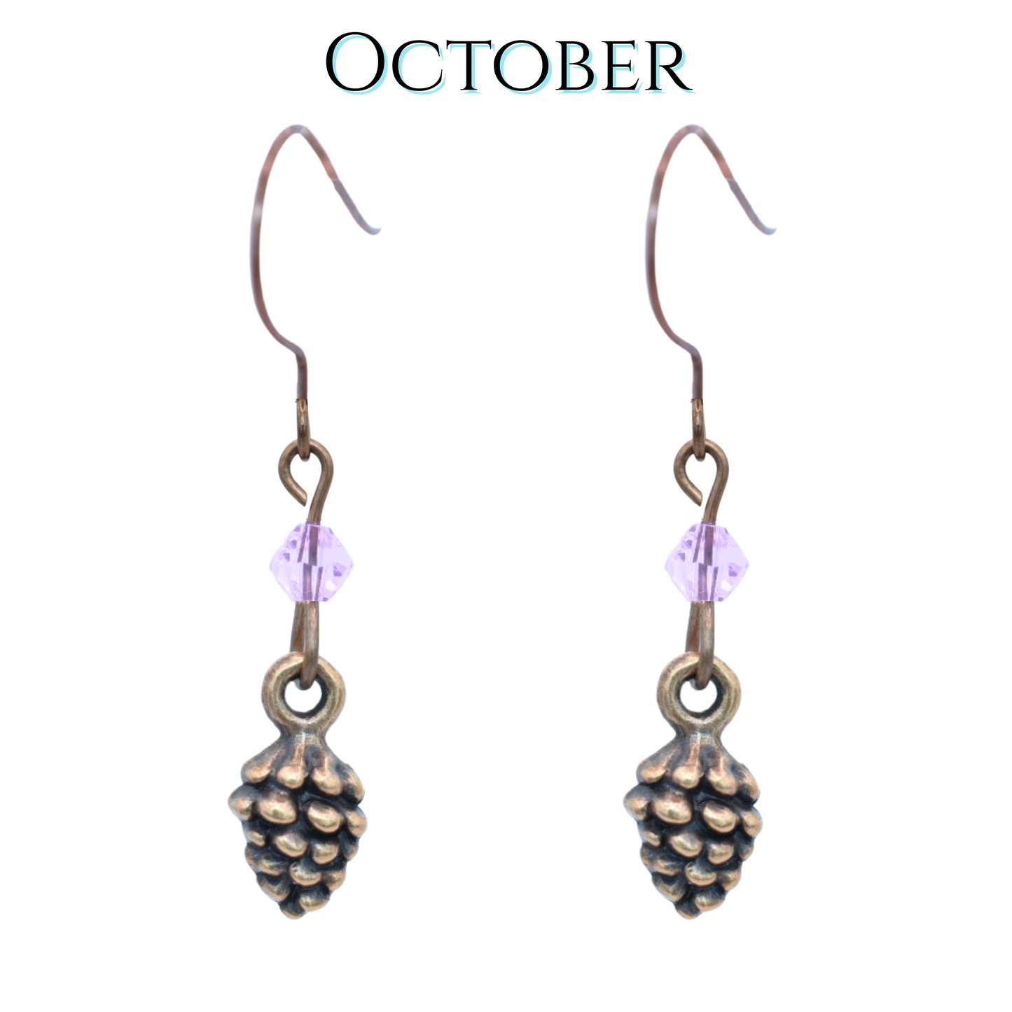 Pinecone-shaped earrings with light pink crystal beads on a white background, labeled 'October'.