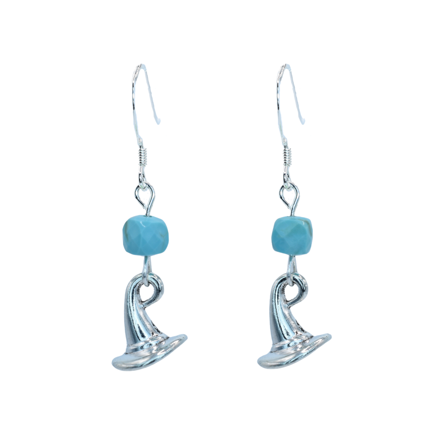 Silver earrings with turquoise beads on a white background