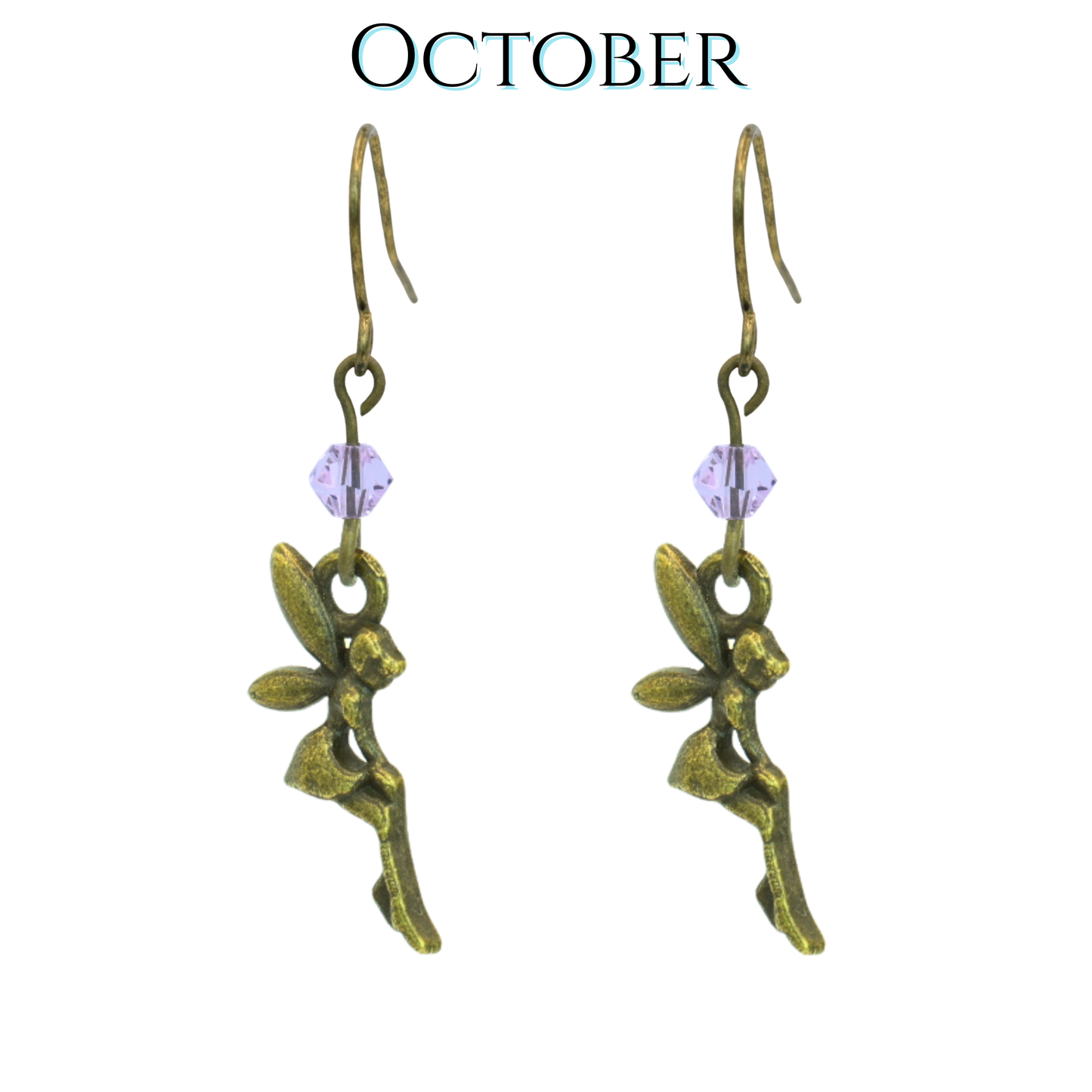 Pair of fairy-themed earrings with pink beads on a white background, labeled 'October'.