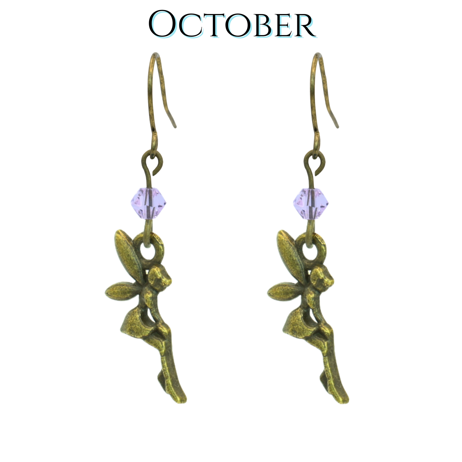 Pair of fairy-themed earrings with pink beads on a white background, labeled 'October'.