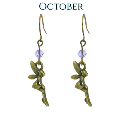 Pair of fairy-themed earrings with pink beads on a white background, labeled 'October'.