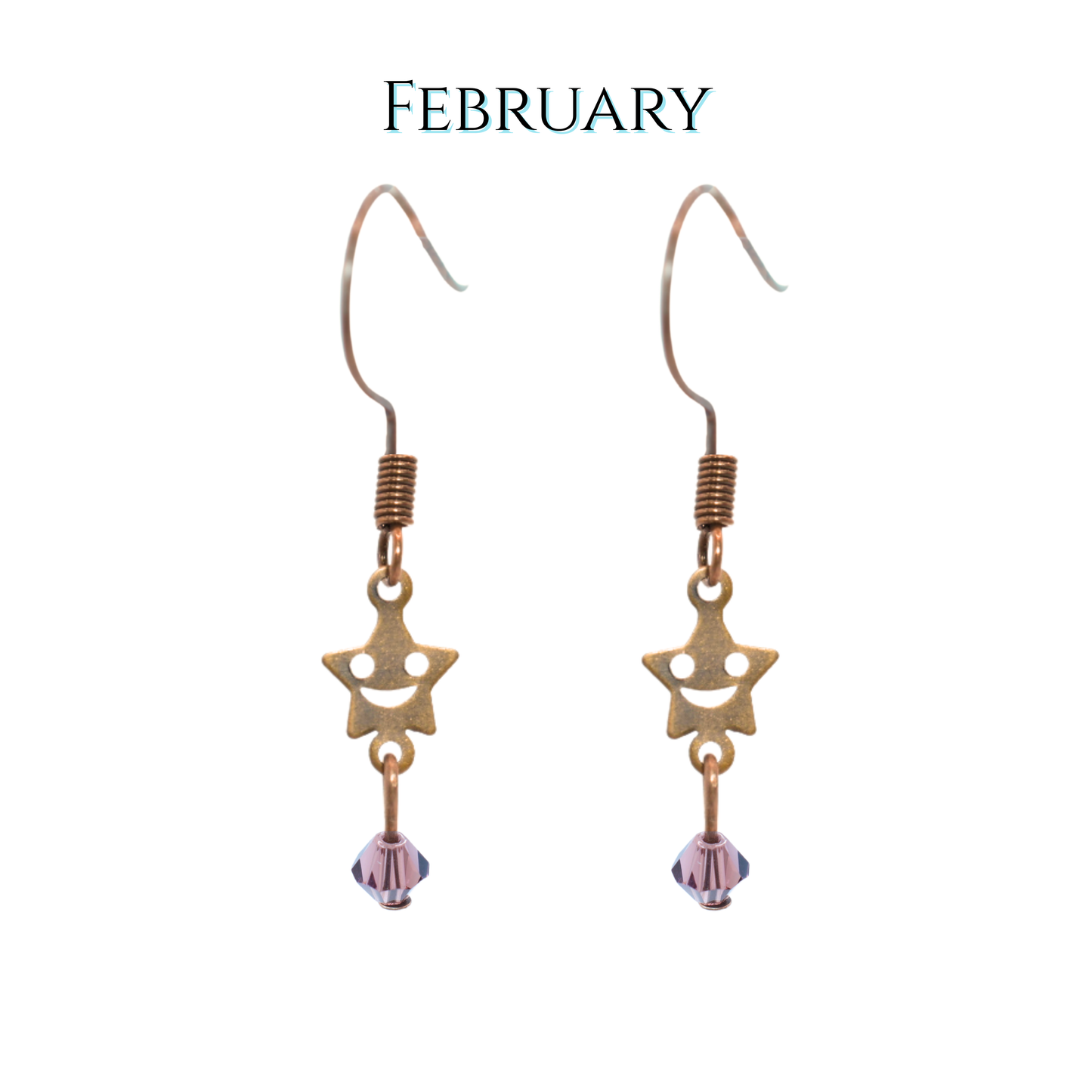 Star-shaped earrings with purple beads on a white background, labeled 'February'.