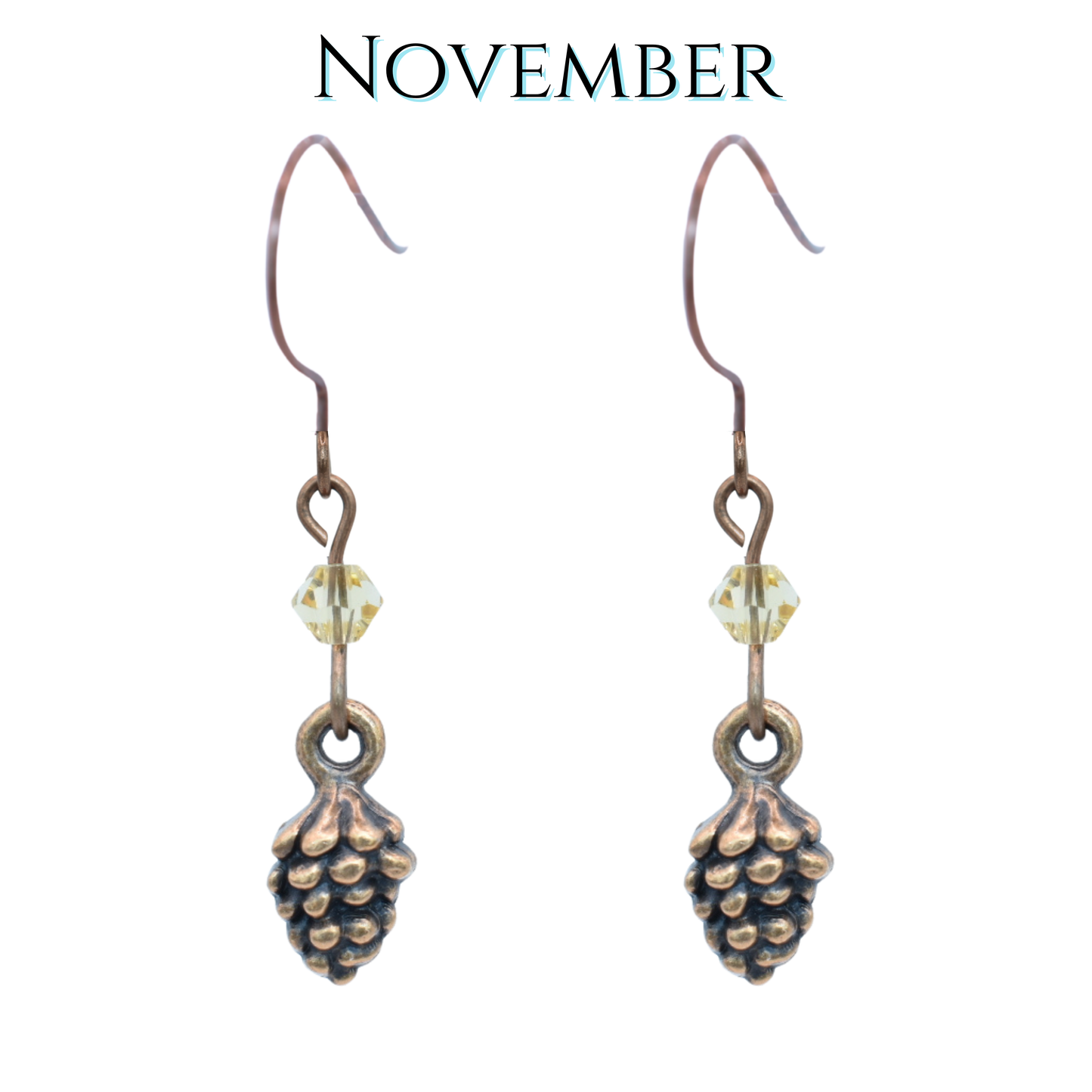 Pine cone earrings with a November theme on a white background