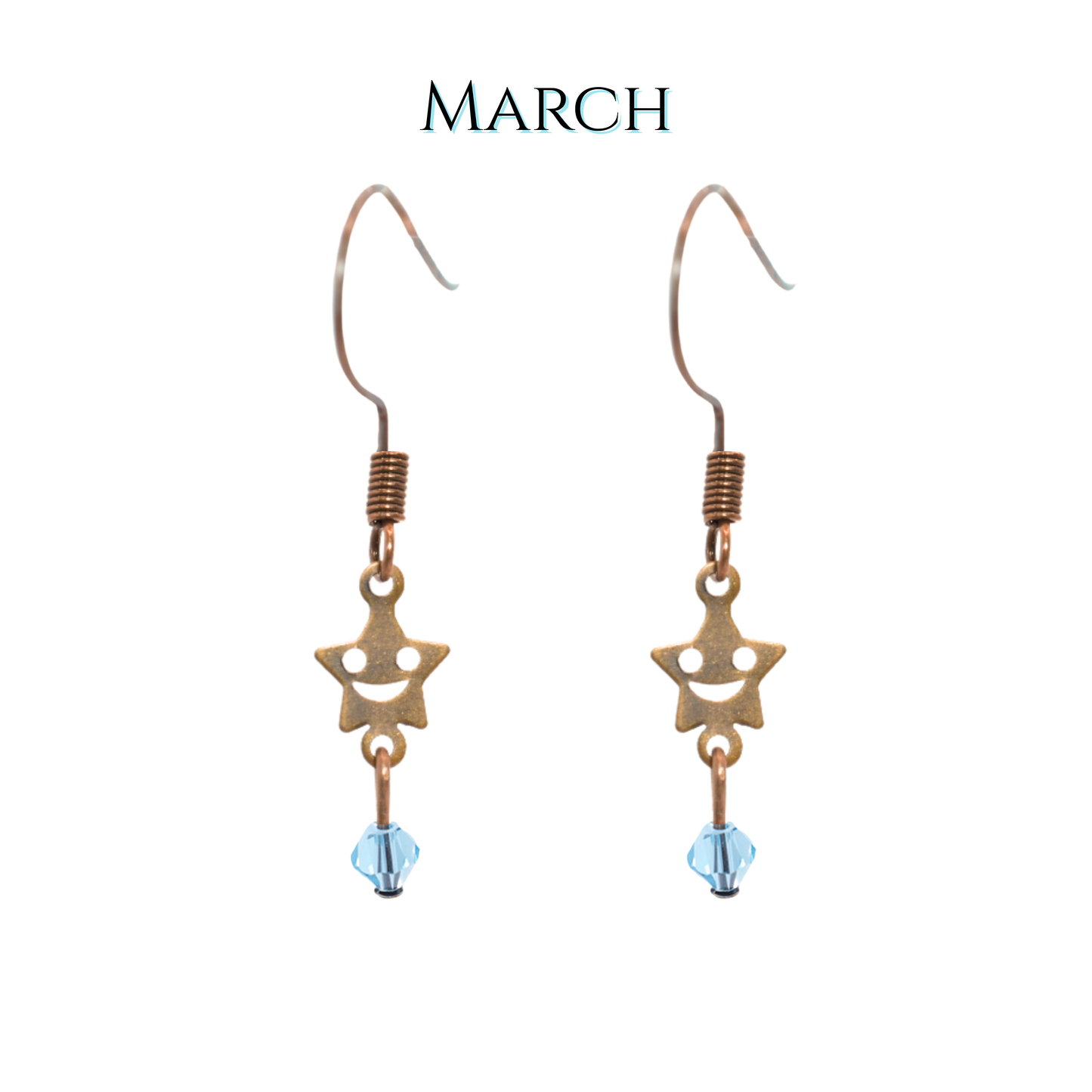 Star-shaped earrings with blue beads on a white background, labeled 'MARCH'.