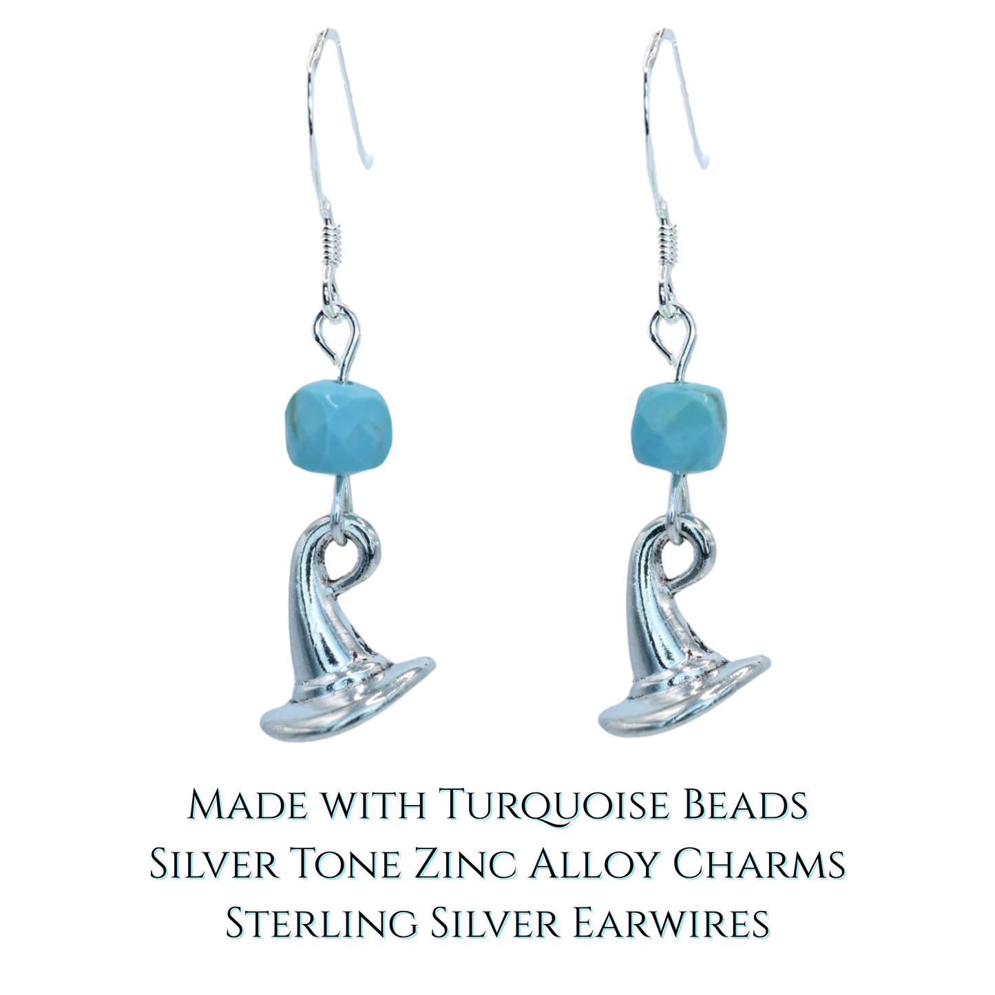 Silver earrings with turquoise beads on a white background