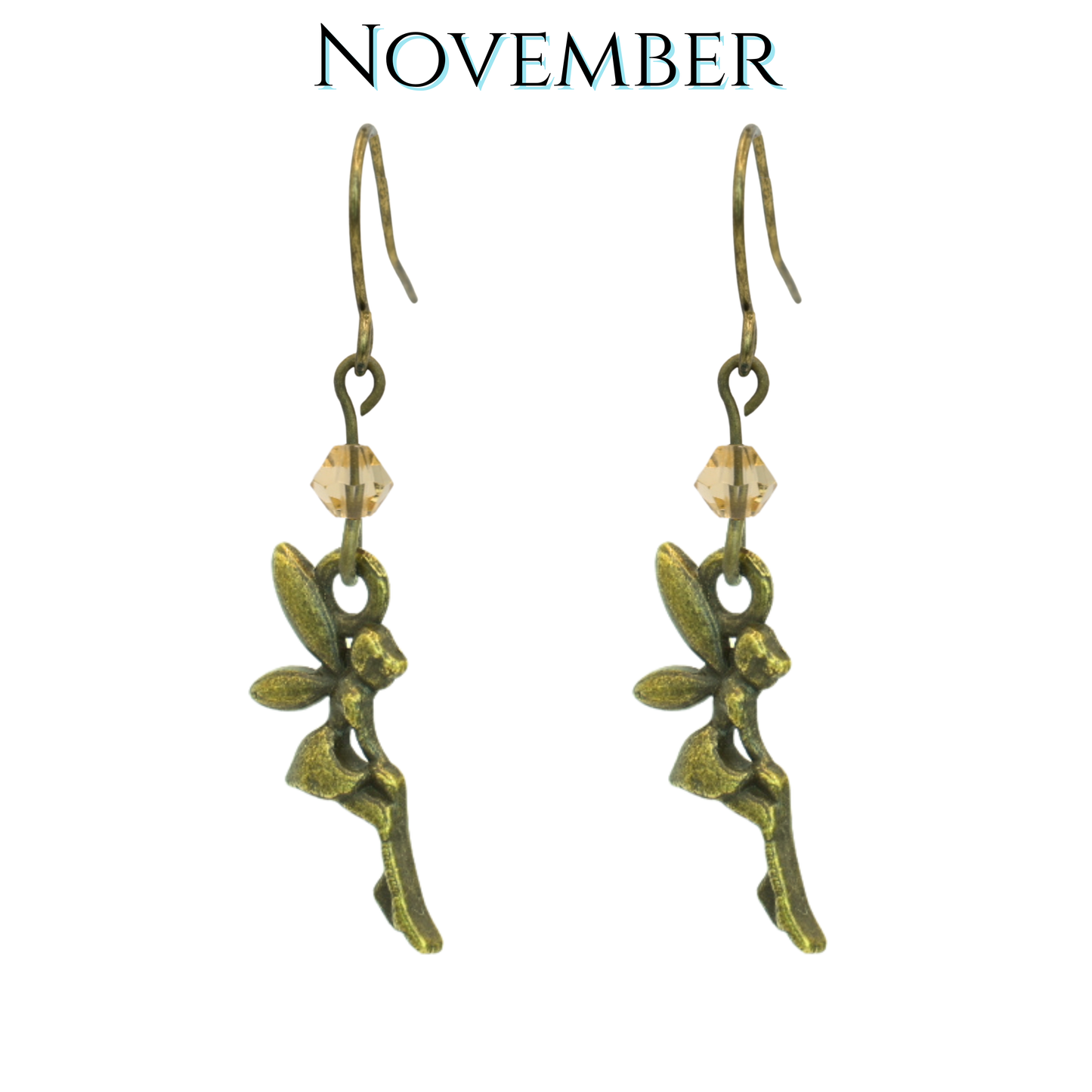 Bronze fairy earrings with tan topaz beads on a white background, labeled 'November'.