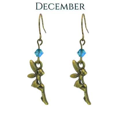 Pair of antique gold fairy-shaped earrings with teal beads on a white background, labeled 'December'.