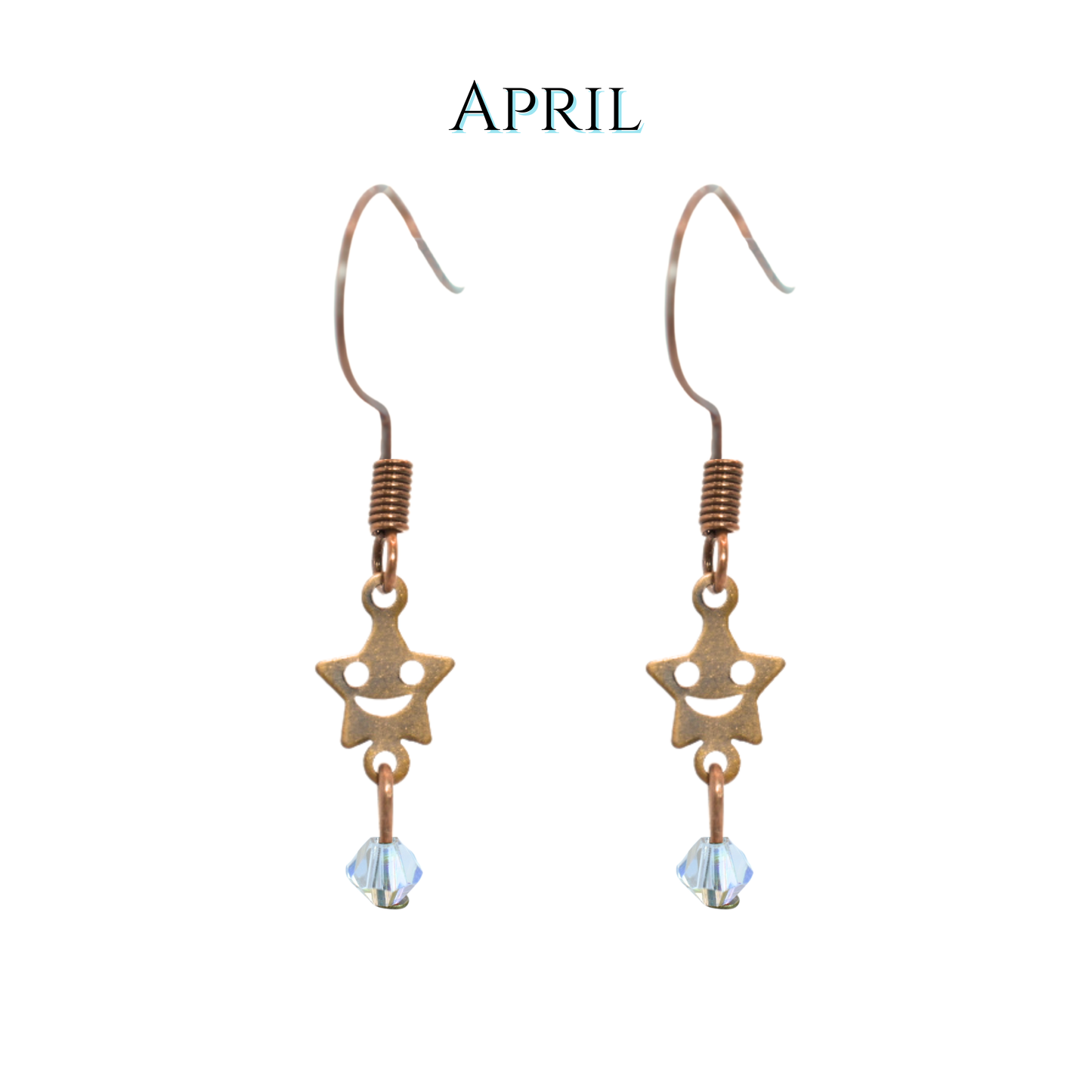 Star-shaped earrings with a small crystal on a white background, labeled 'APRIL'.