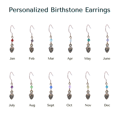 Set of personalized birthstone pine cone and Austrian crystal bead earrings for each month on a white background
