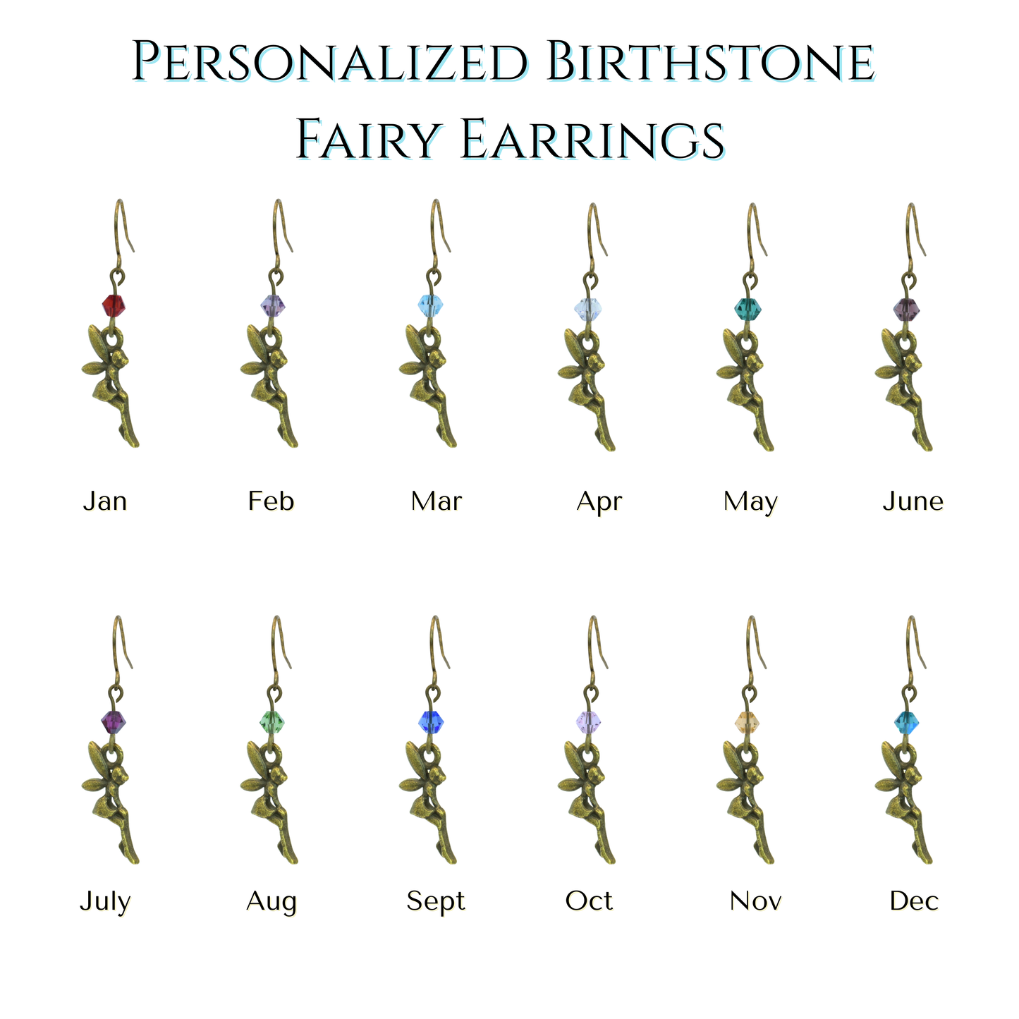 Set of personalized birthstone fairy earrings with months labeled on a white background