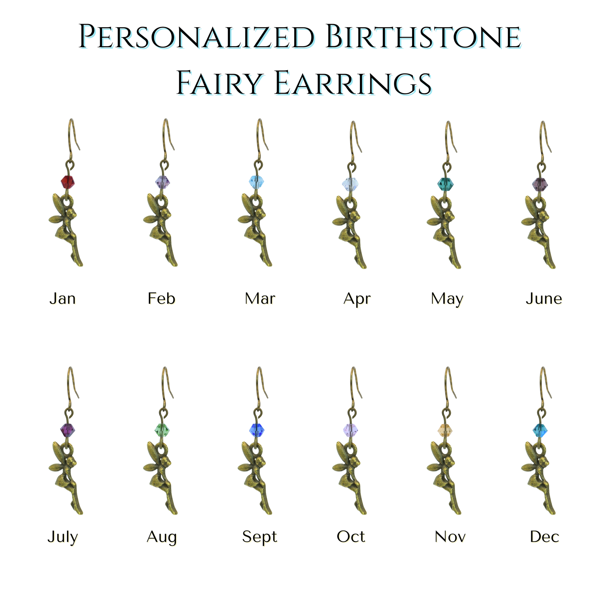 Set of personalized birthstone fairy earrings with months labeled on a white background