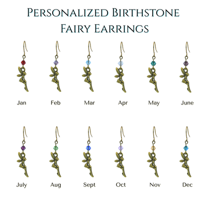 Set of personalized birthstone fairy earrings with months labeled on a white background