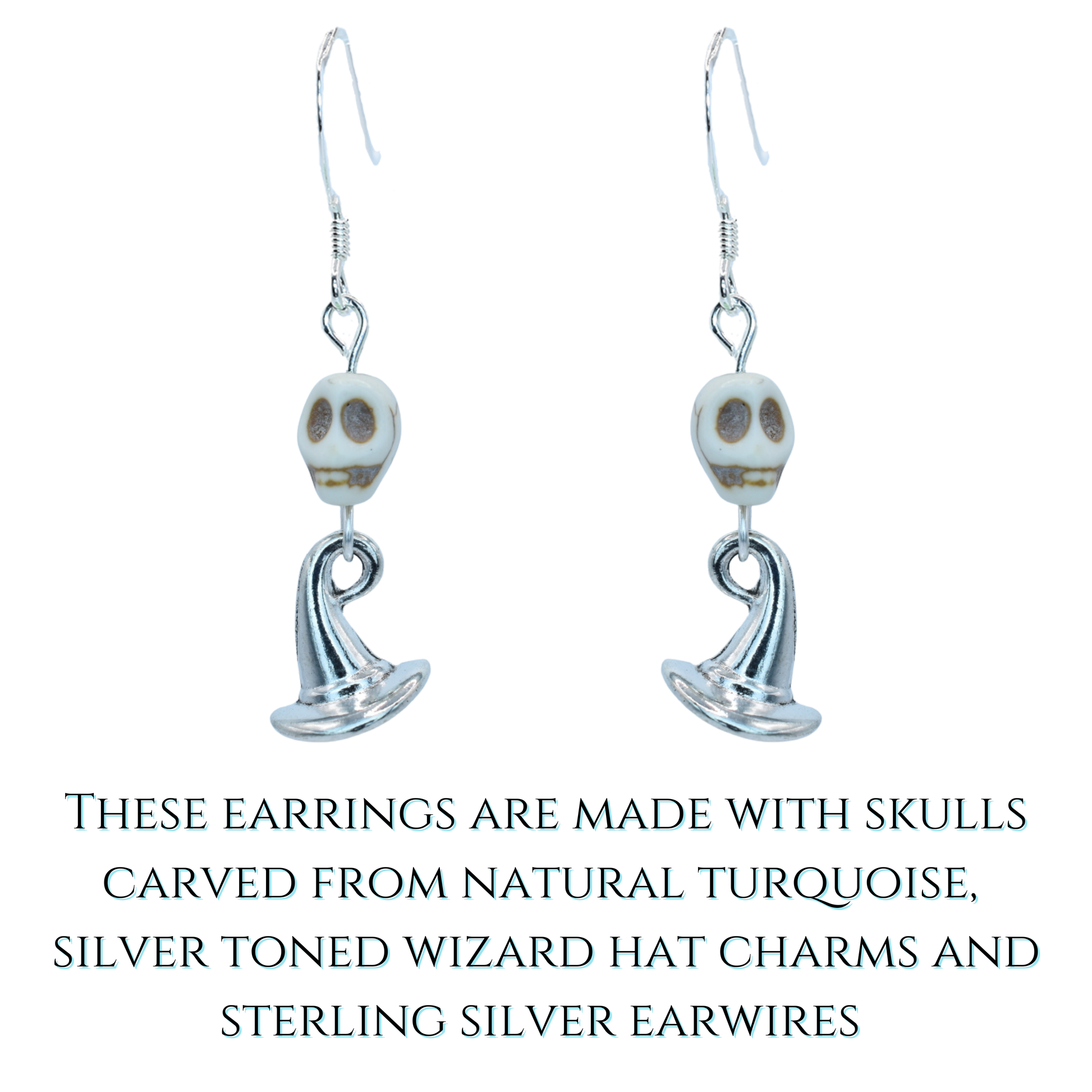 Pair of skull-themed earrings with turquoise stones on a white background