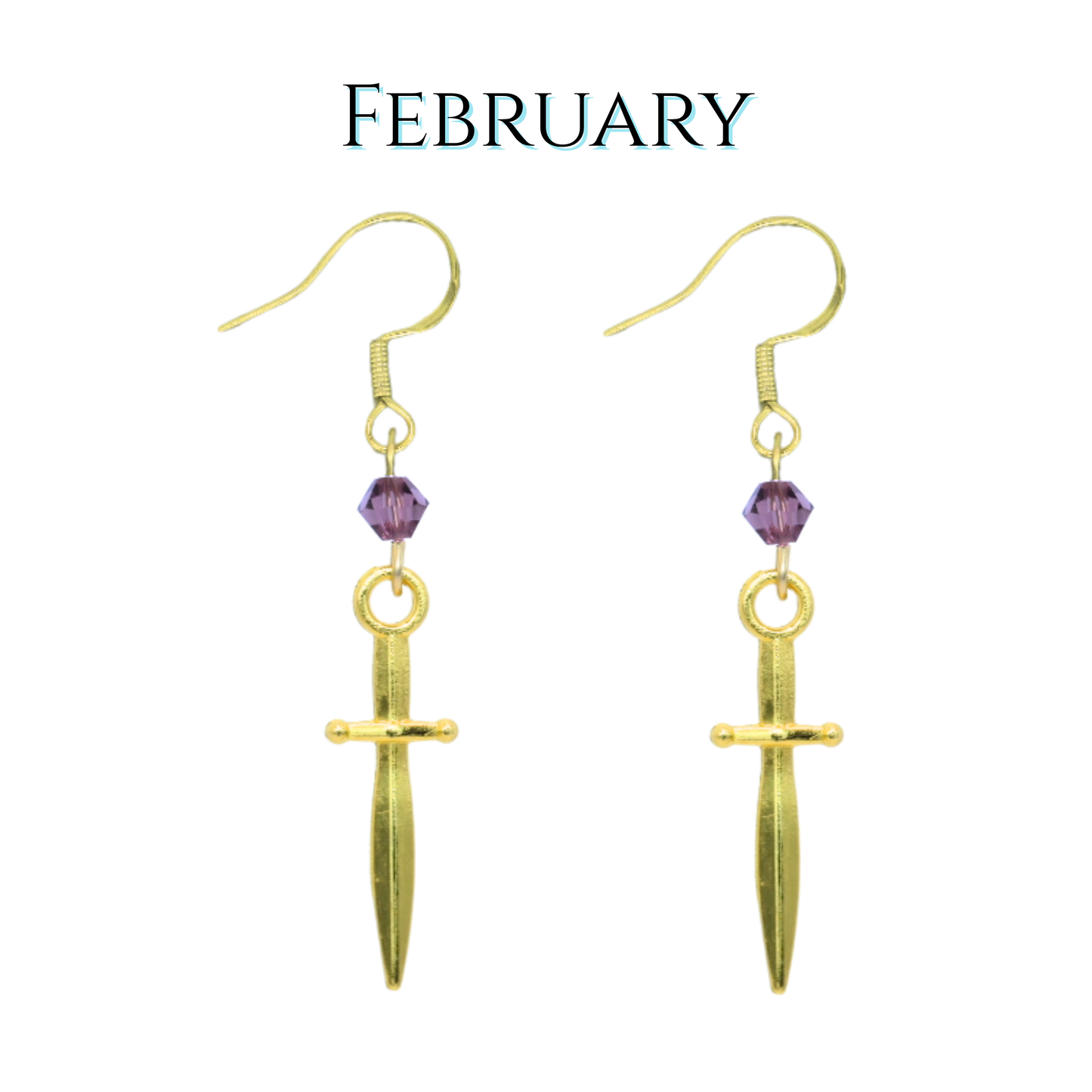 Gold dagger-shaped earrings with purple crystal beads on a white background, labeled 'February'.