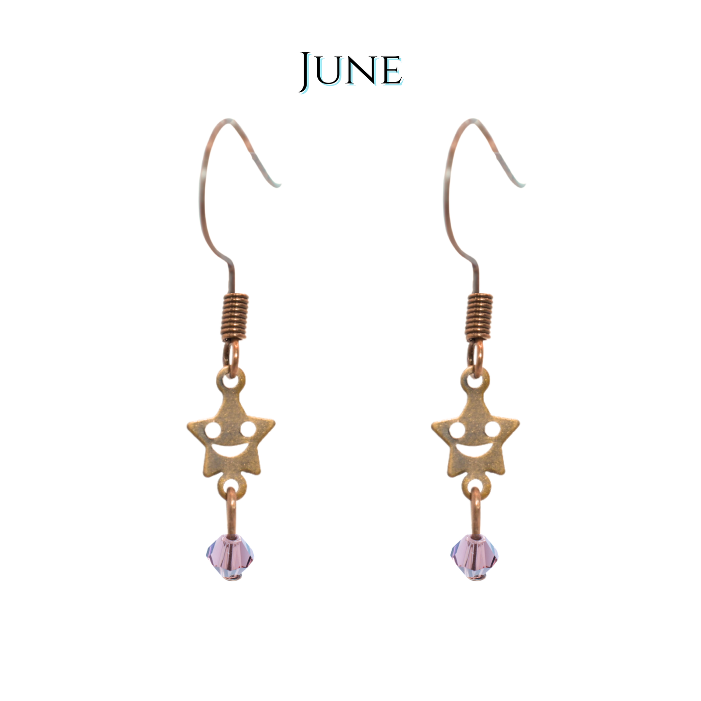 Star-shaped earrings with a purple bead on a white background, labeled 'JUNE'.