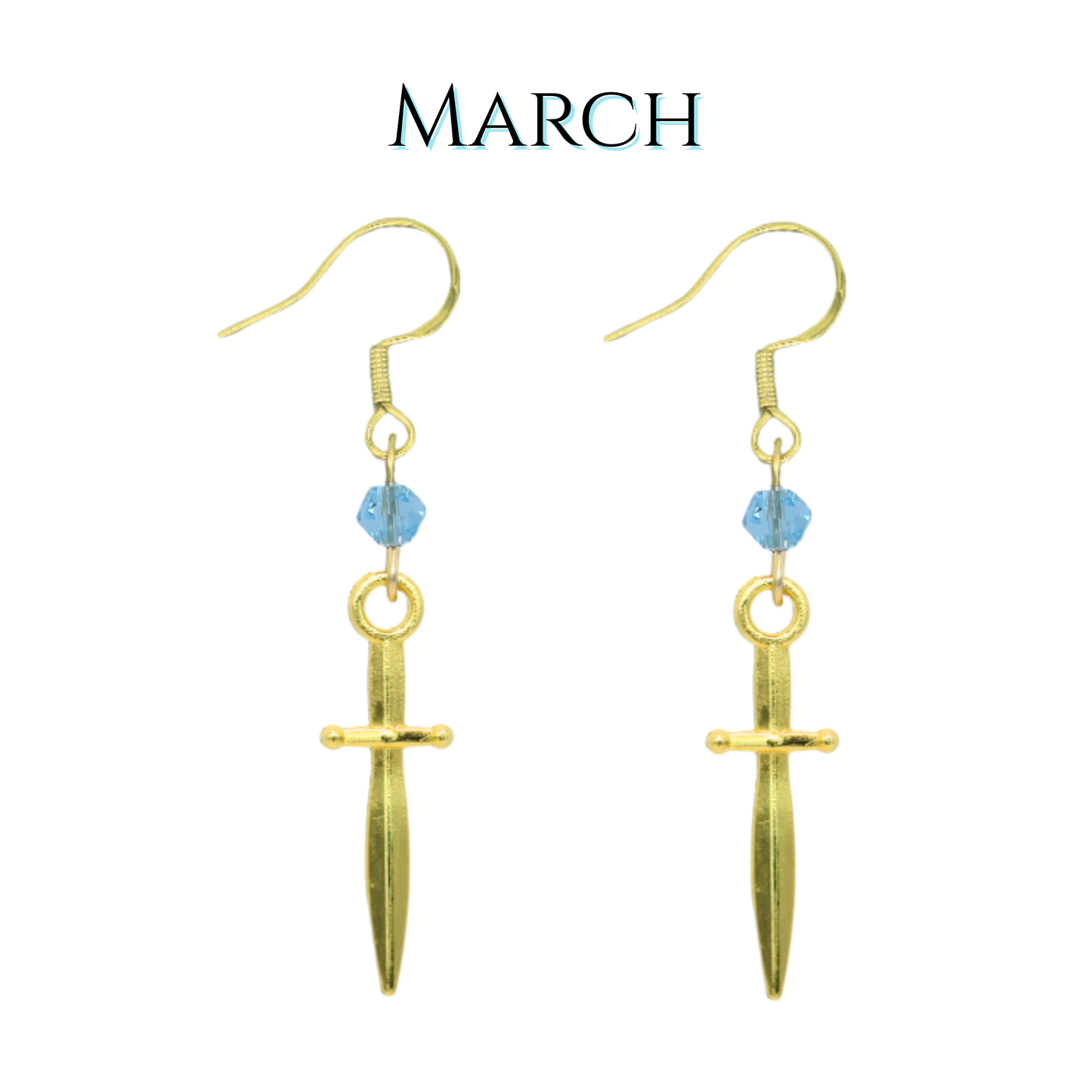 Gold sword-shaped earrings with blue crystal beads on a white background, labeled 'MARCH'.