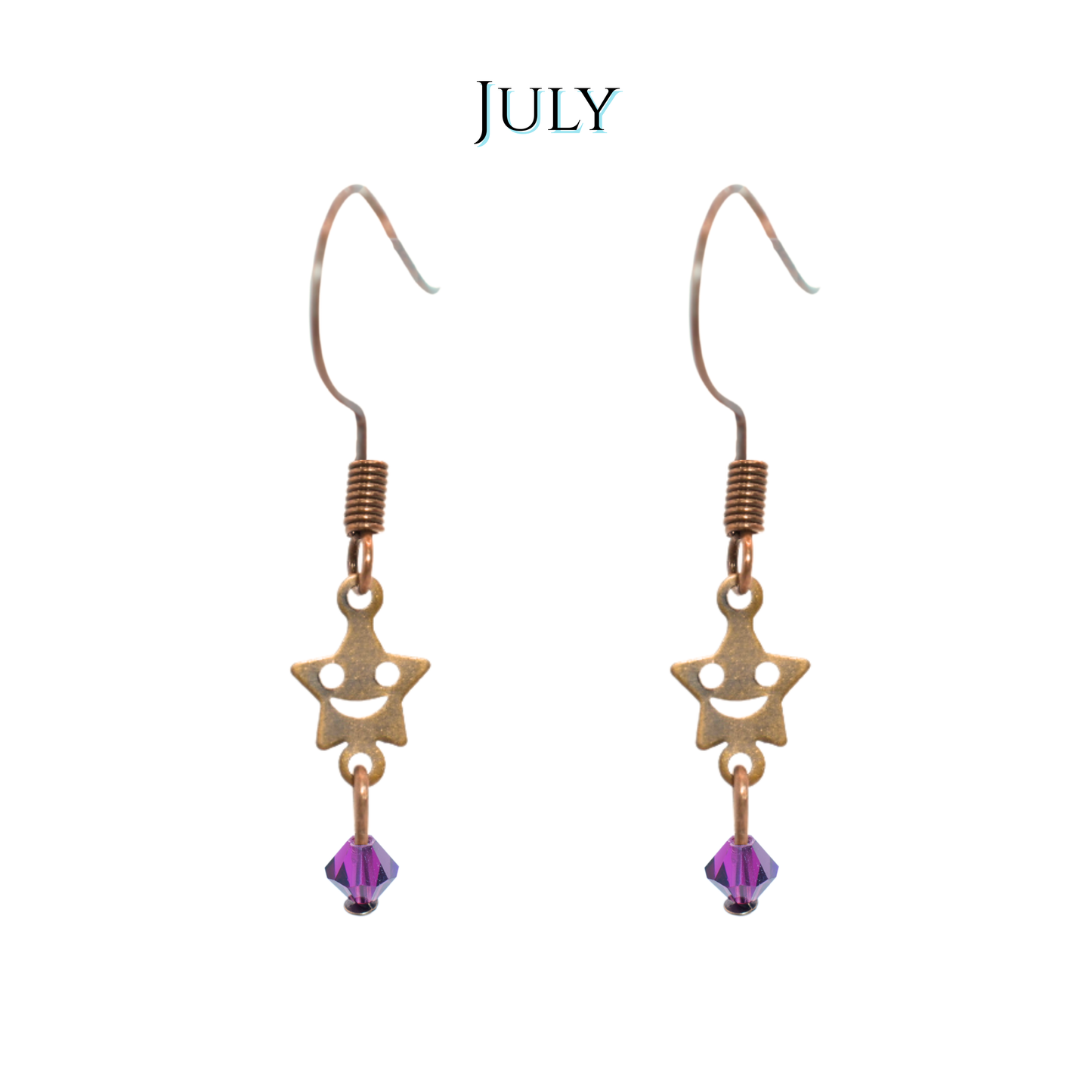Star-shaped earrings with purple beads on a white background, labeled 'JULY'.