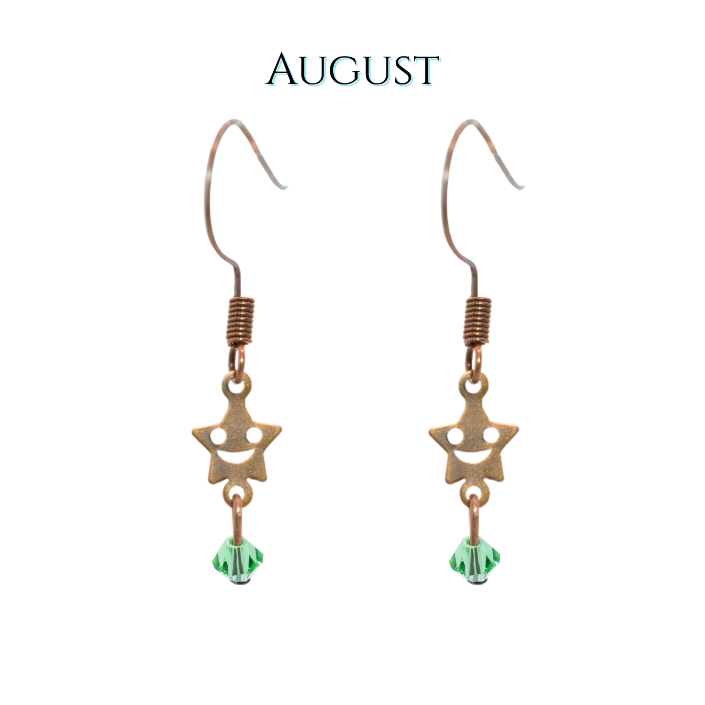 Star-shaped earrings with green beads on a white background, labeled 'August'.