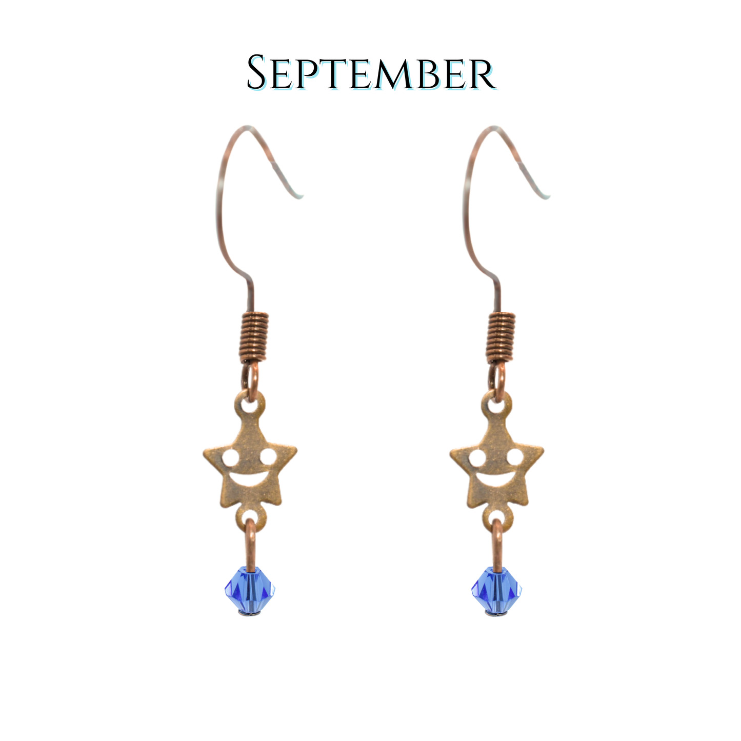 Star-shaped earrings with blue beads on a white background, labeled 'September'.