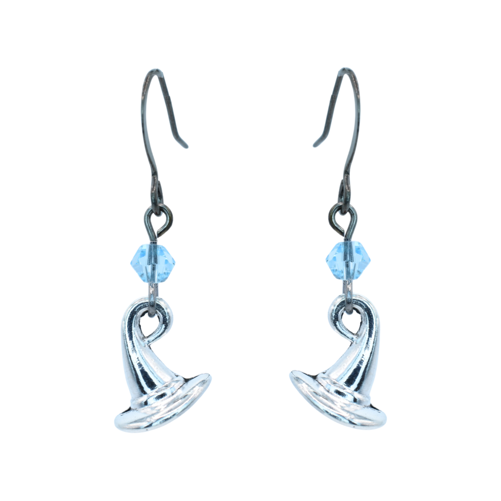 Silver witch hat-shaped earrings with blue crystal beads on a white background