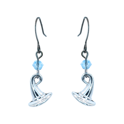 Silver witch hat-shaped earrings with blue crystal beads on a white background
