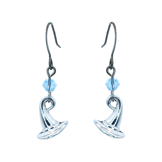 Silver witch hat-shaped earrings with blue crystal beads on a white background