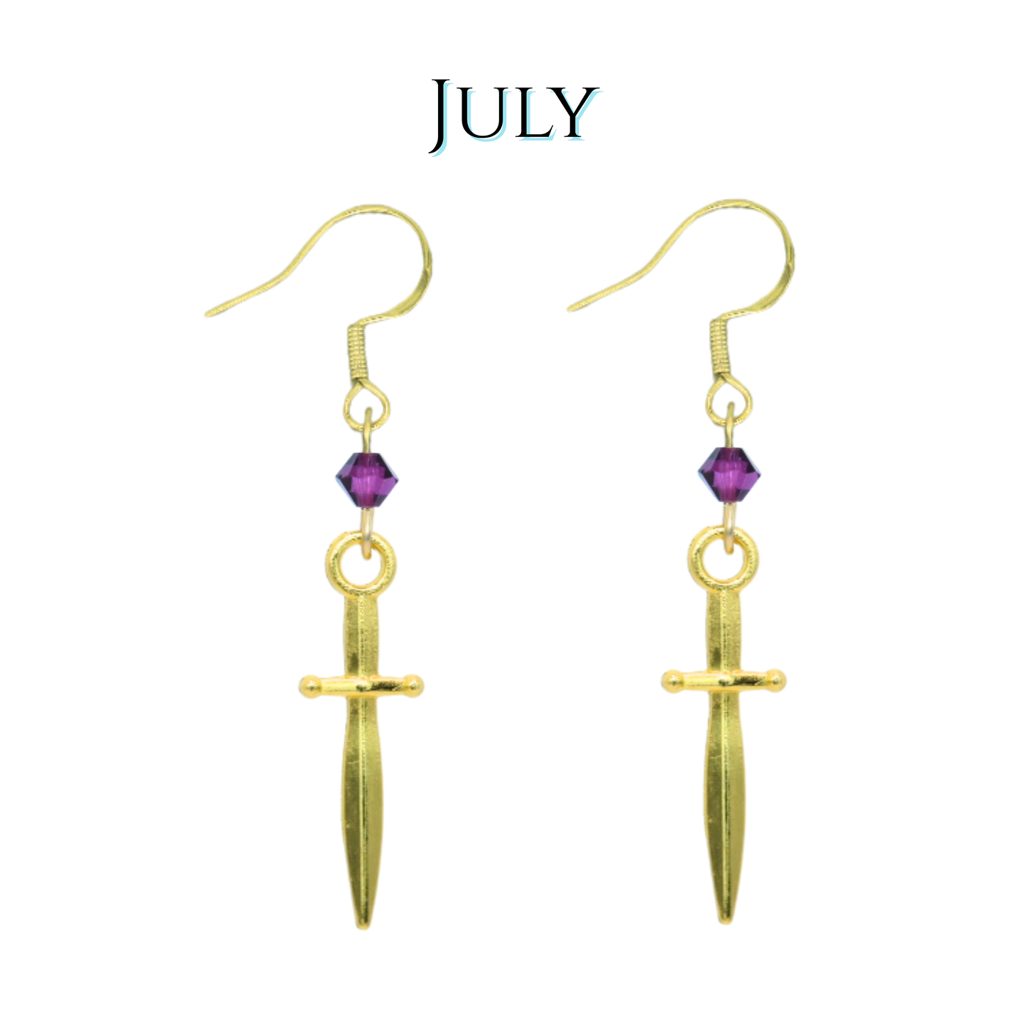 Gold sword-shaped earrings with purple crystal beads on a white background, labeled 'JULY'.