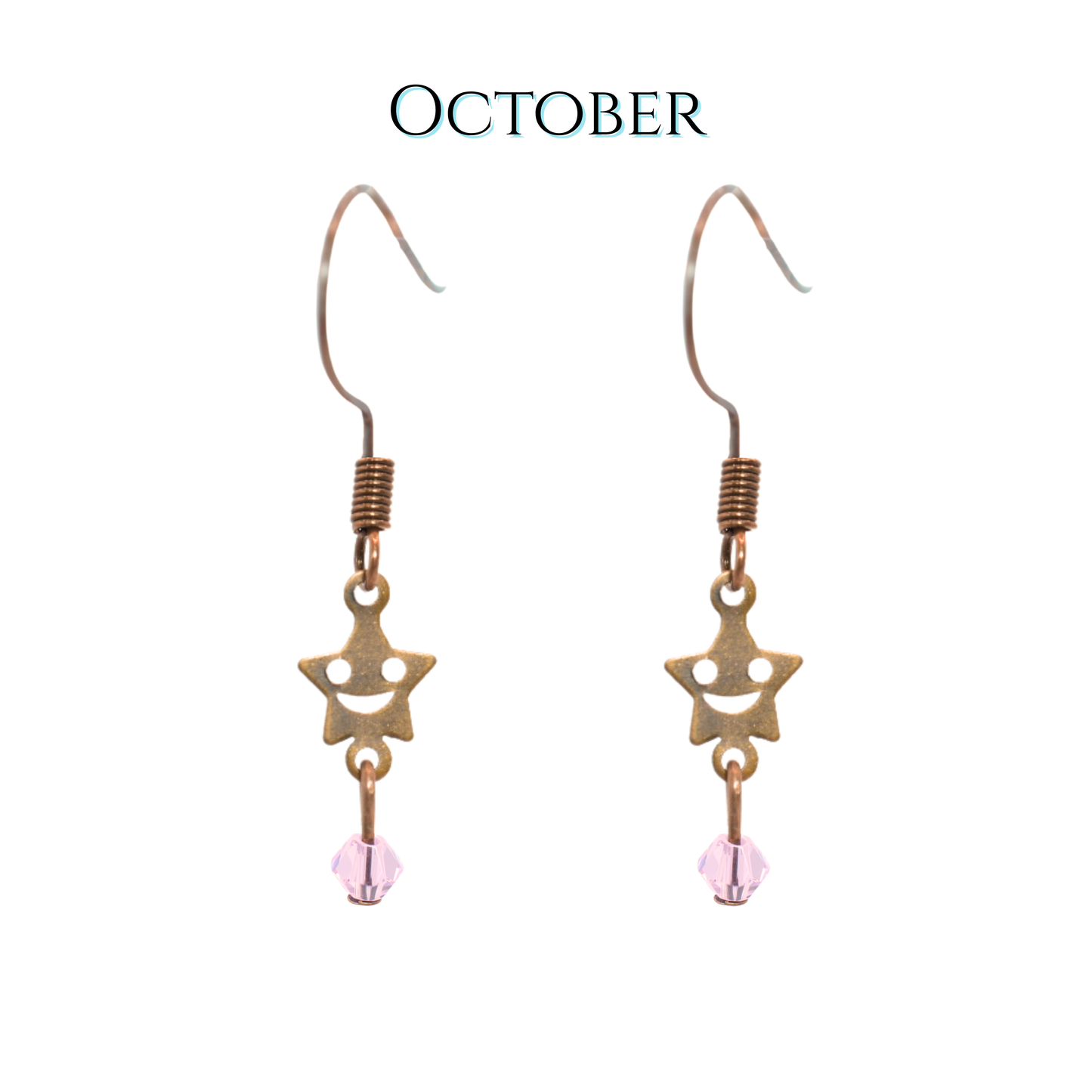 antique copper star-shaped earrings with pink beads on a white background, labeled 'October'.