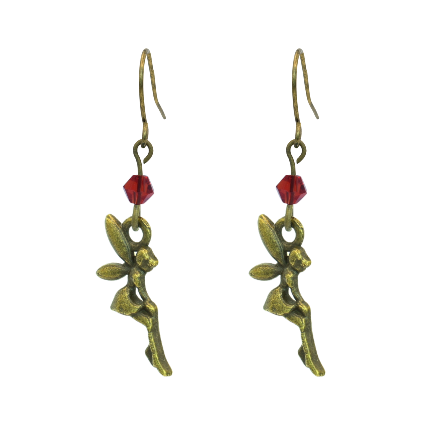 Pair of fairy-themed earrings with red gemstones on a white background
