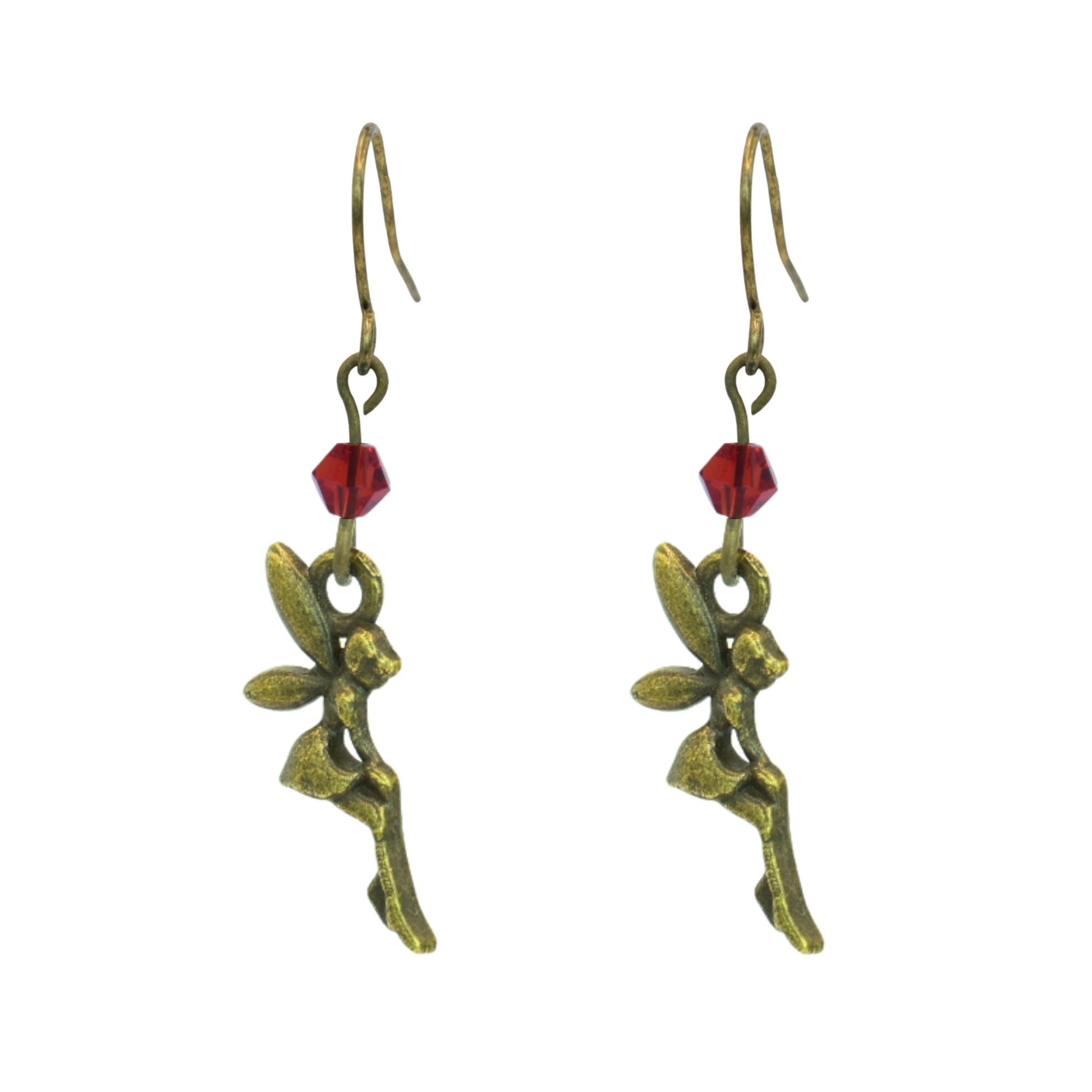 Pair of fairy-themed earrings with red gemstones on a white background