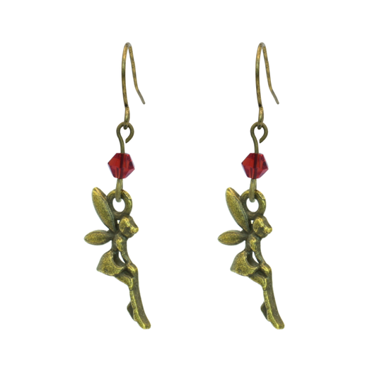 Pair of fairy-themed earrings with red gemstones on a white background