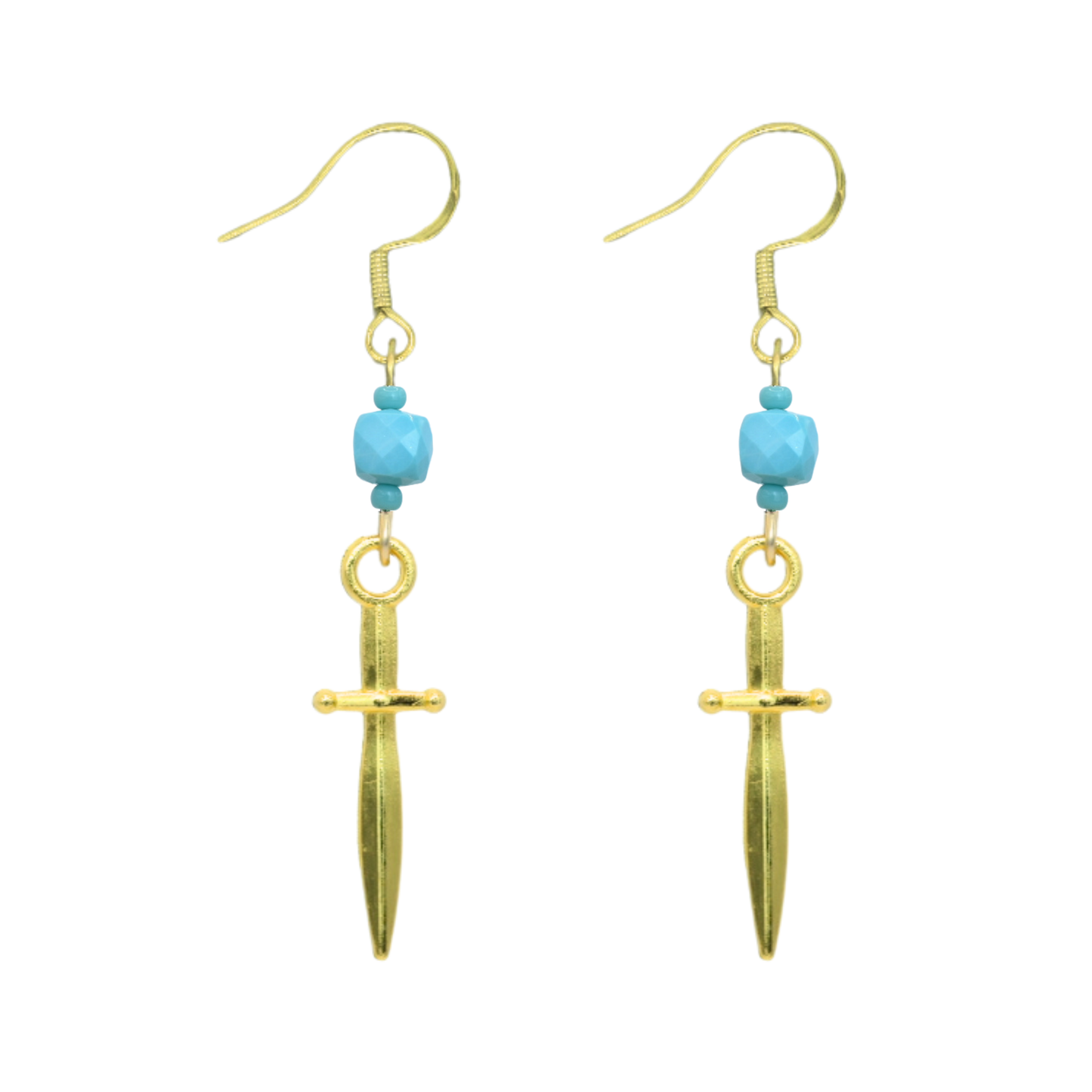Gold earrings with turquoise beads on a white background