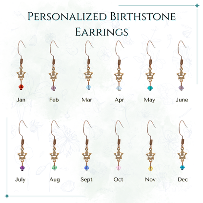 Set of personalized birthstone earrings with featuring antique copper star shaped smiley face charms and Austrian crystal beads for each month on a white background.