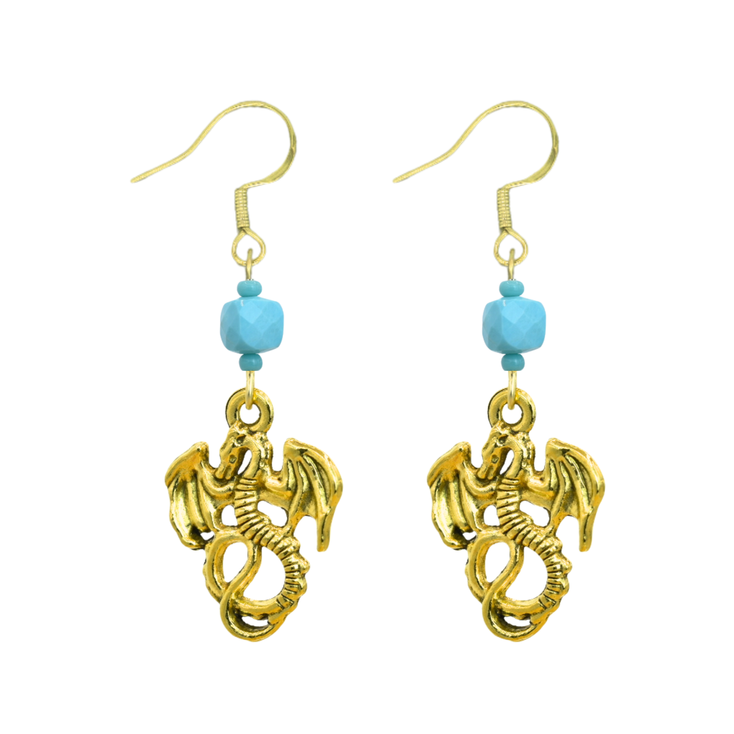 Gold dragon earrings with turquoise beads on a white background