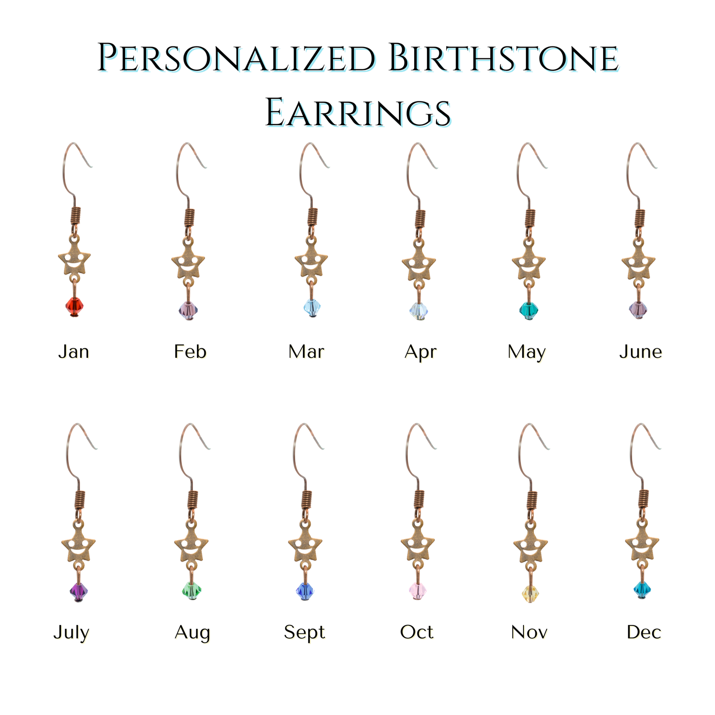 Personalized birthstone earrings for each month on a white background