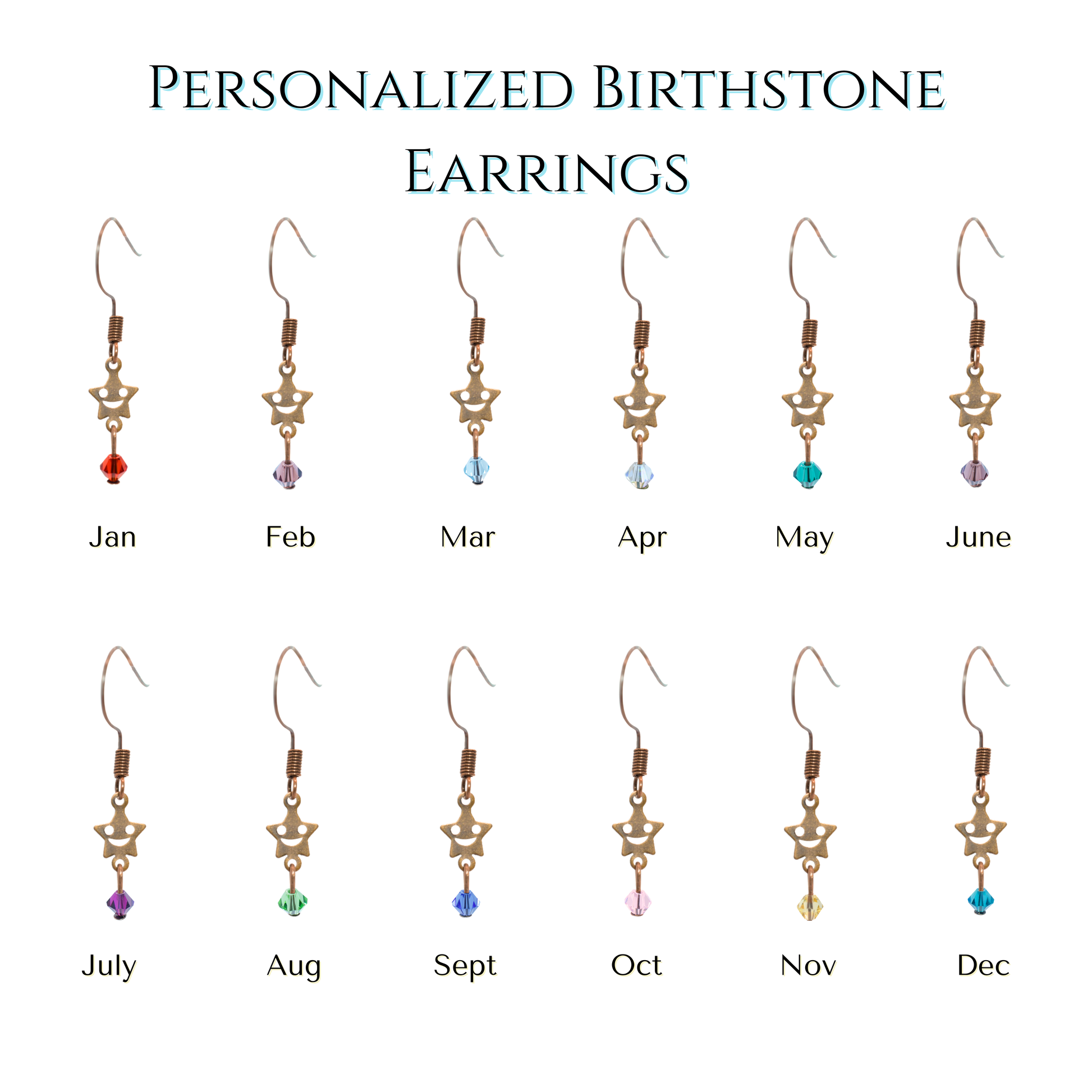 Personalized birthstone earrings for each month on a white background