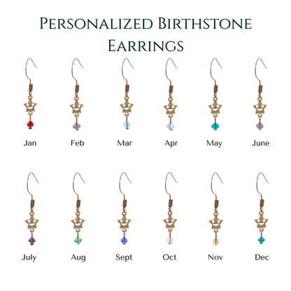 Personalized birthstone earrings for each month on a white background