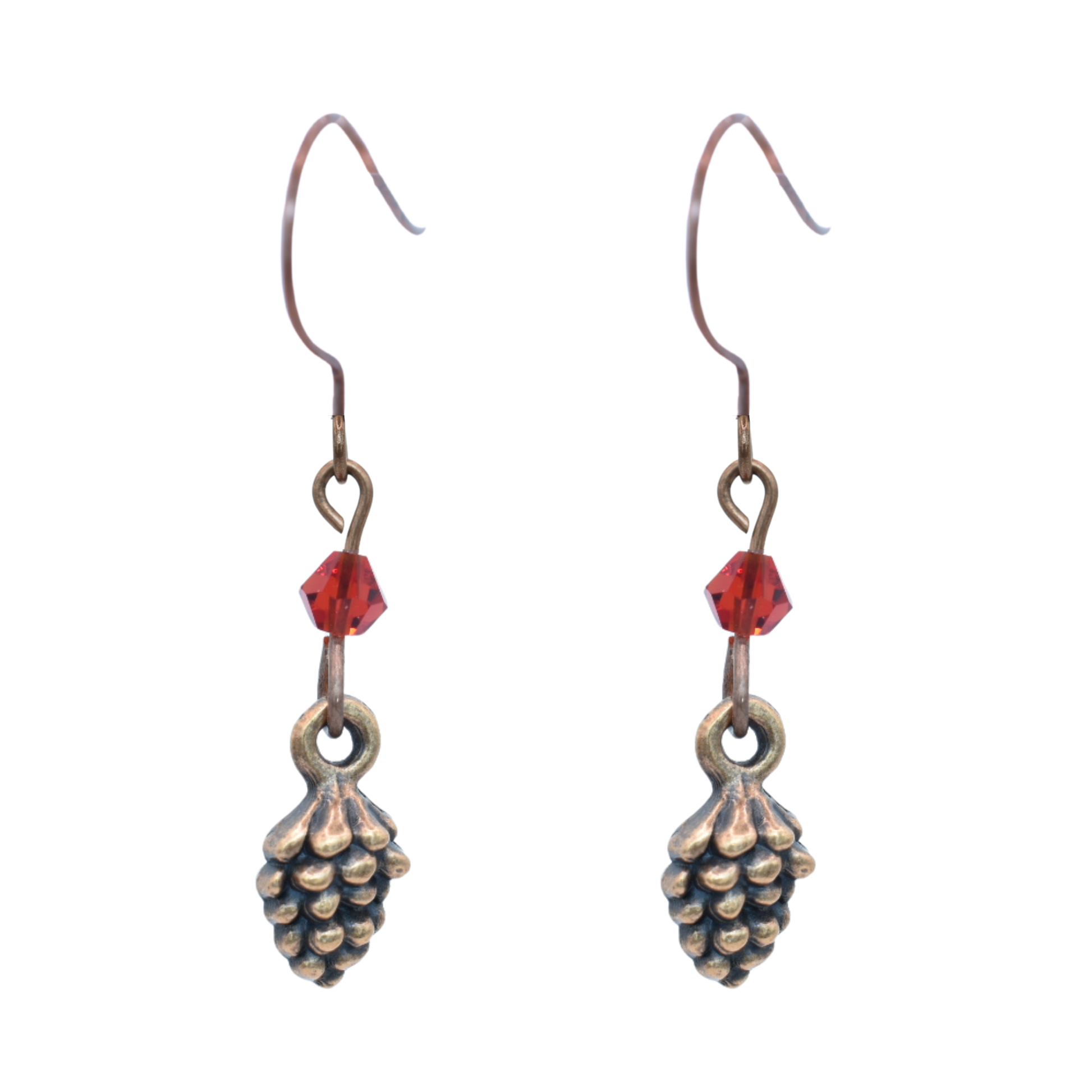 Pair of copper pinecone-shaped earrings with red crystal beads on a white background