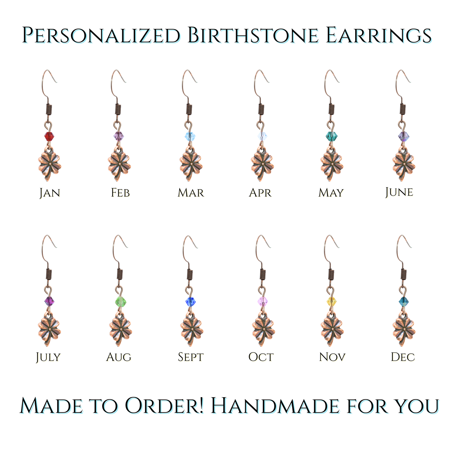 earrings featuring antique copper four leaf clover charms and Austrian crystal beads in birthstone colors