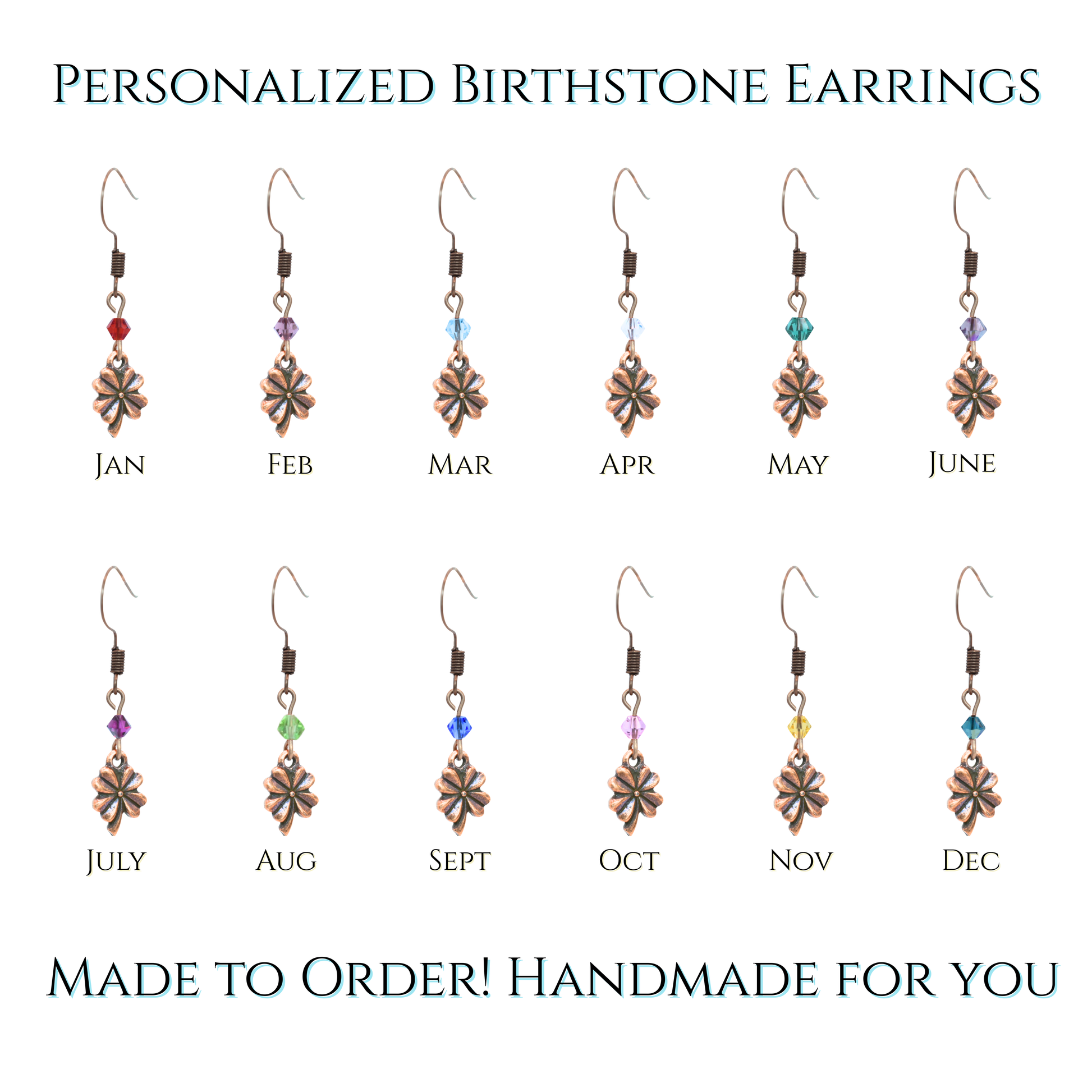 earrings featuring antique copper four leaf clover charms and Austrian crystal beads in birthstone colors