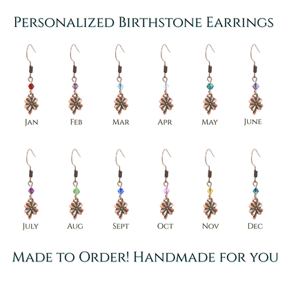 earrings featuring antique copper four leaf clover charms and Austrian crystal beads in birthstone colors