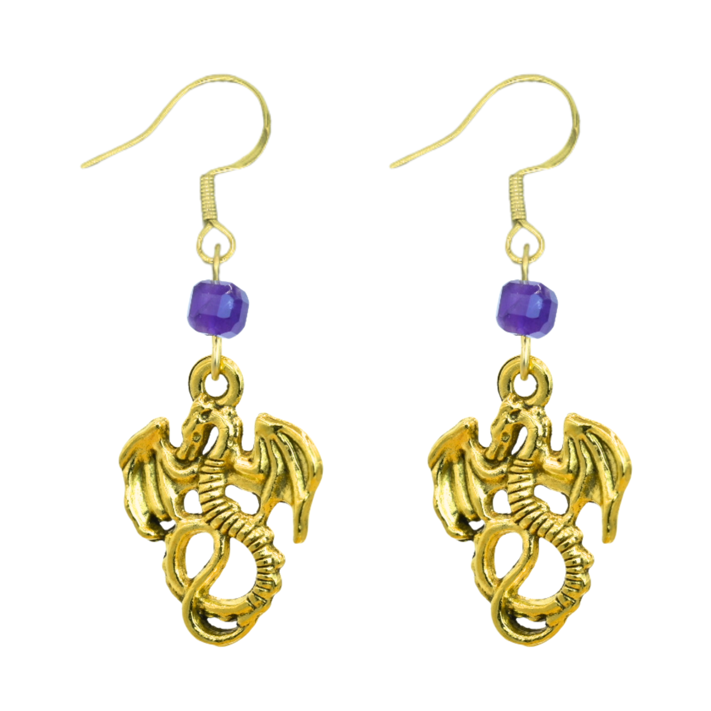 Gold dragon earrings with purple beads on a white background