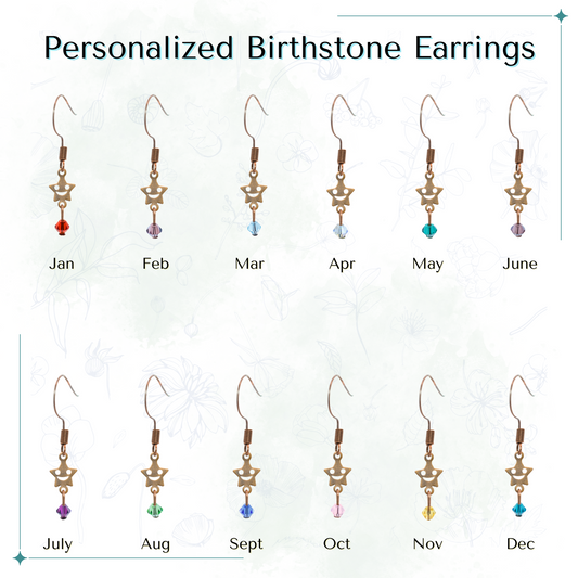 Personalized birthstone earrings displayed with months above each pair.
